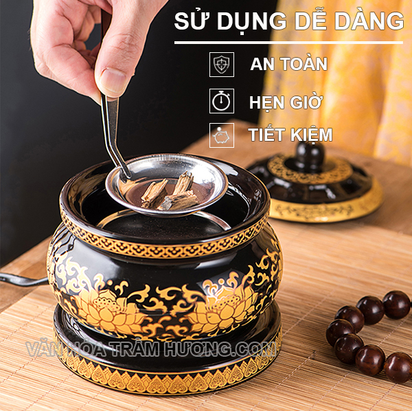 Hướng dẫn sử dụng lư xông trầm bằng điện họa tiết sen vàng
